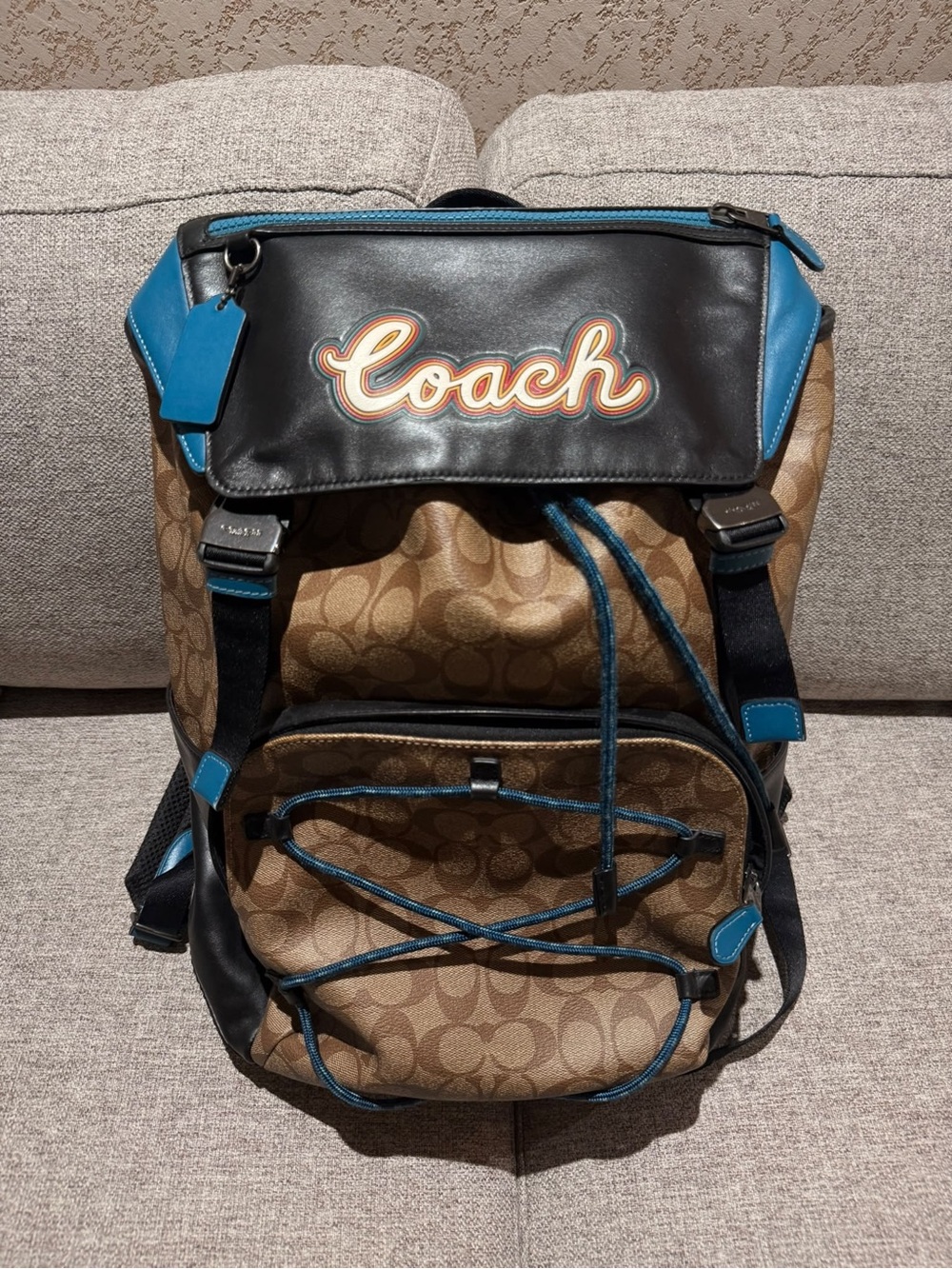 Coach Men’s Brown Signature Canvas Backpack with Blue Trim & Black Flap